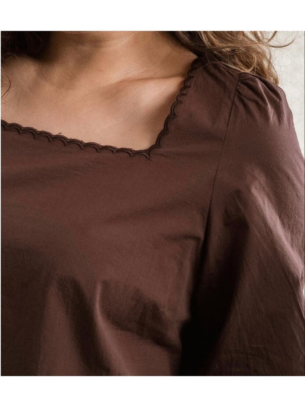 Neuflora Evanstein Cotton Brown Scallop Square Collar Blouse Top Size Large